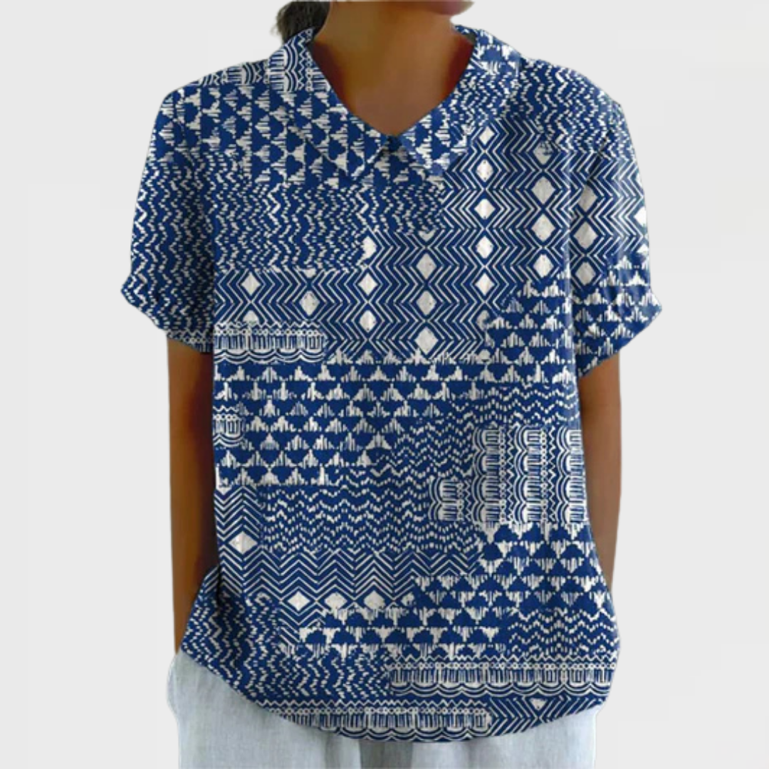 Tribal Print Collared Short Sleeve Blouse