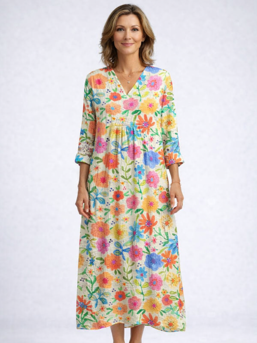 Notch Neck Roll Tab Sleeve Floral Print Midi Dress