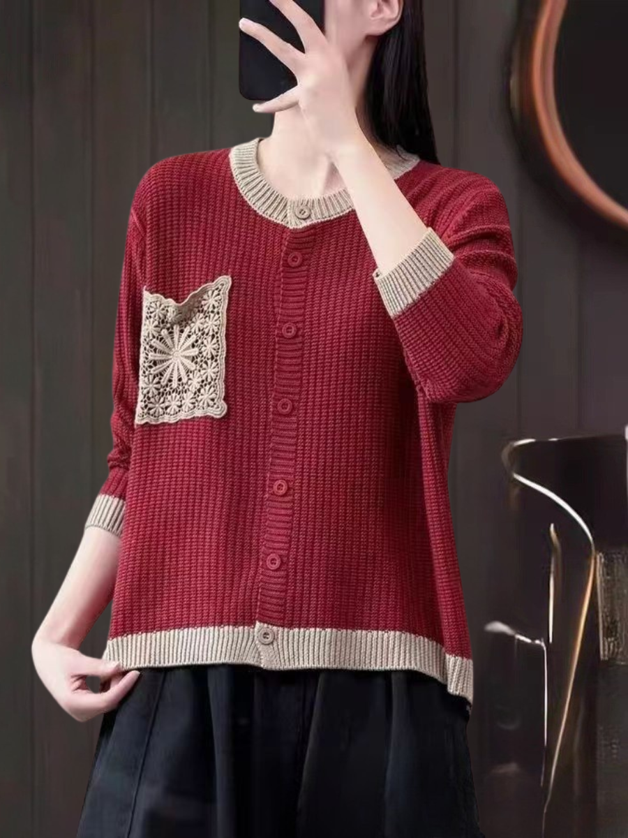 Round Neck Button Front Crochet Pocket Knit Cardigan