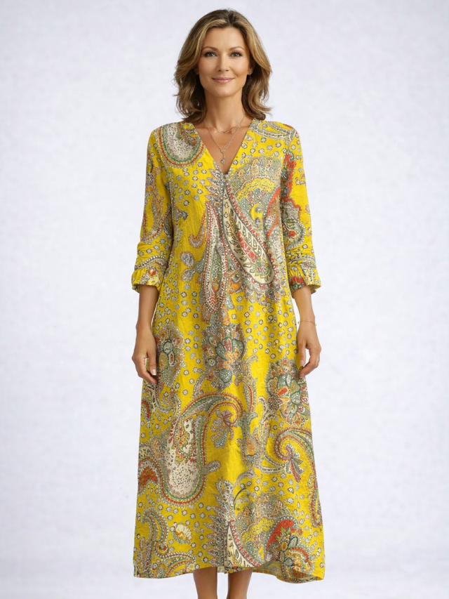 Paisley Print V-Neck Ruffle Cuff A-Line Maxi Dress