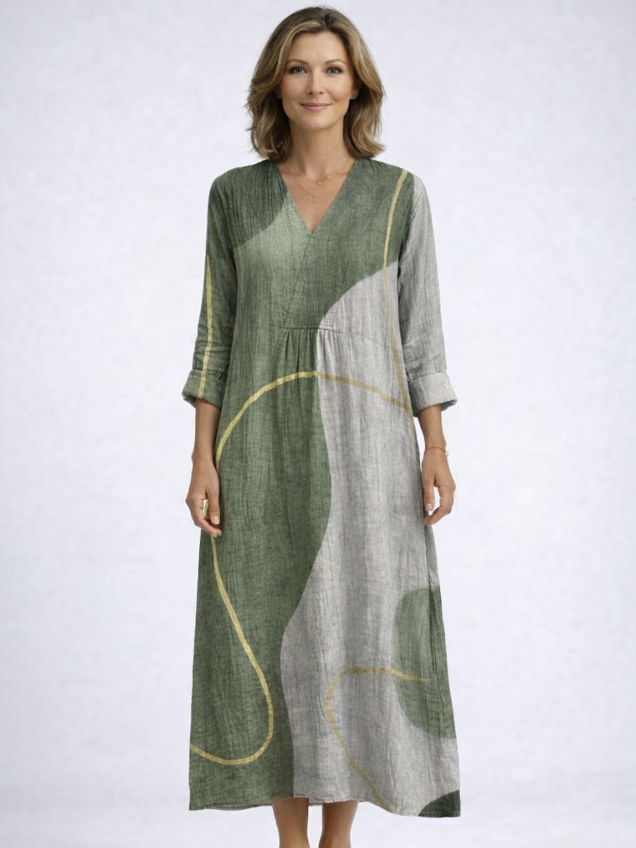 Abstract Print V-Neck Long Sleeve Linen Look Maxi Dress