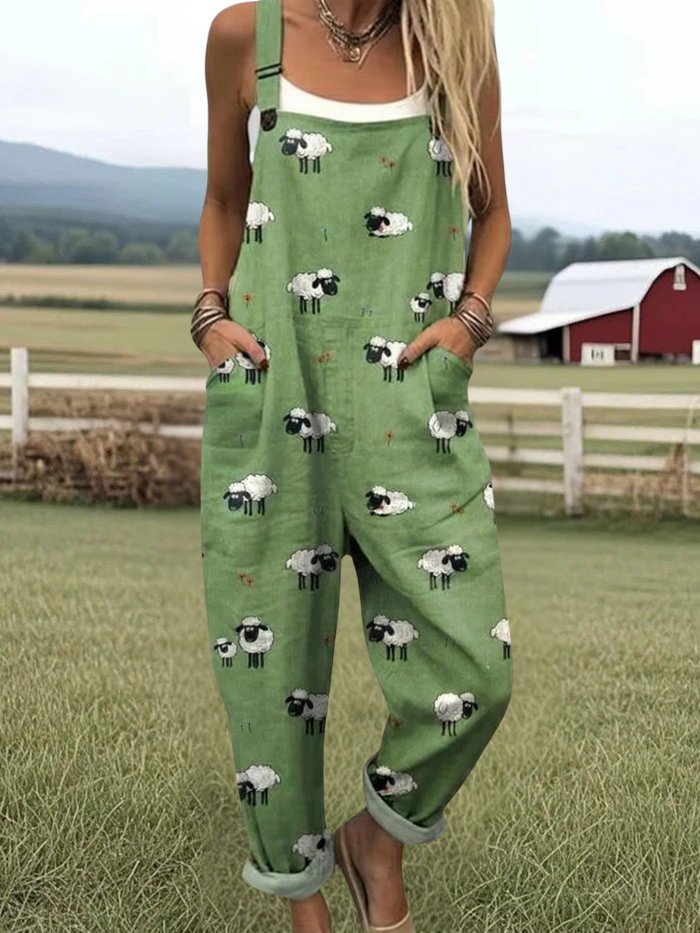 Rooster Print Sleeveless Pocket Dungaree Overalls Jumpsuit