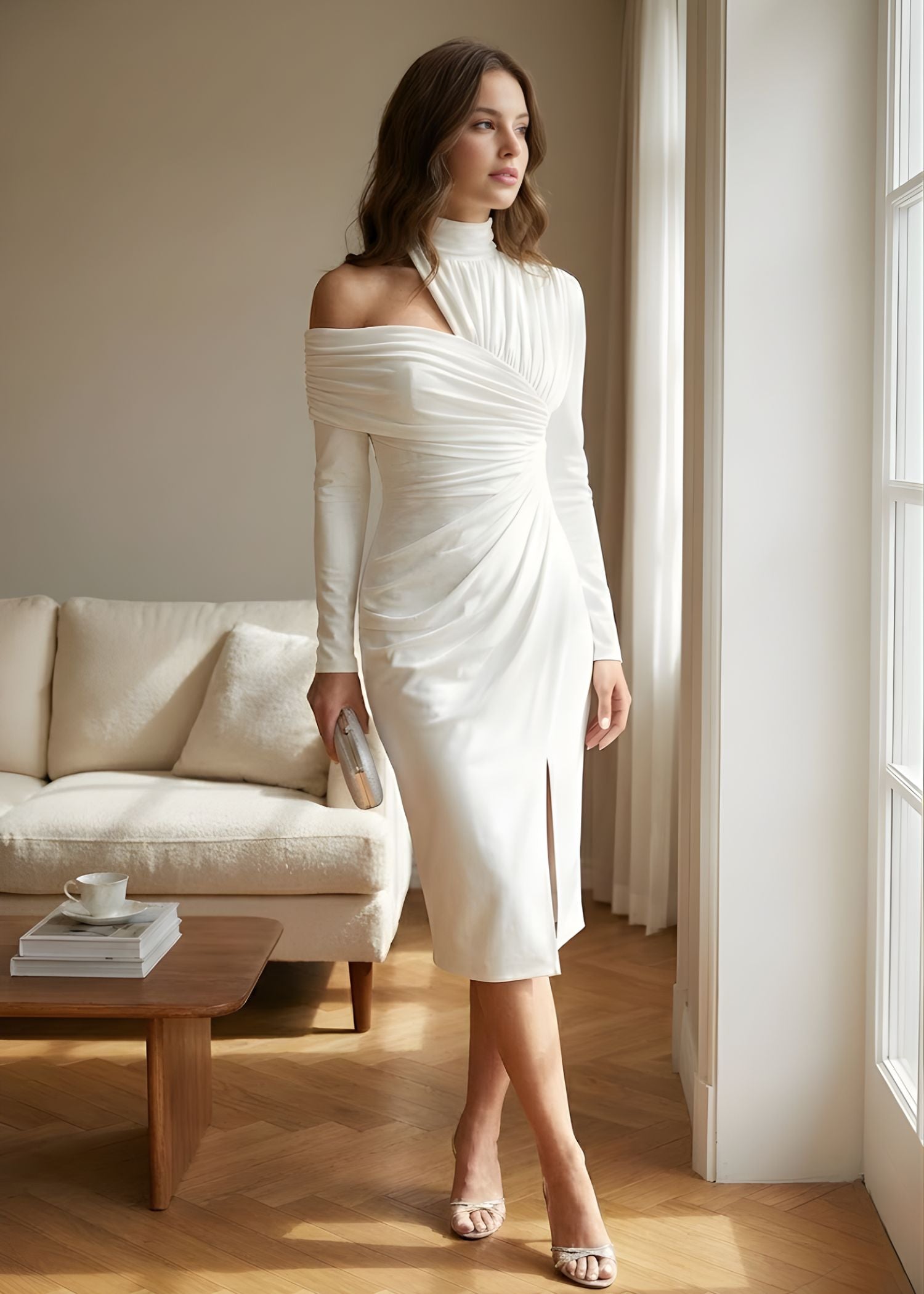 High Neck Long Sleeve Ruched High Split Midi Dress