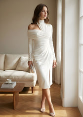 High Neck Long Sleeve Ruched High Split Midi Dress