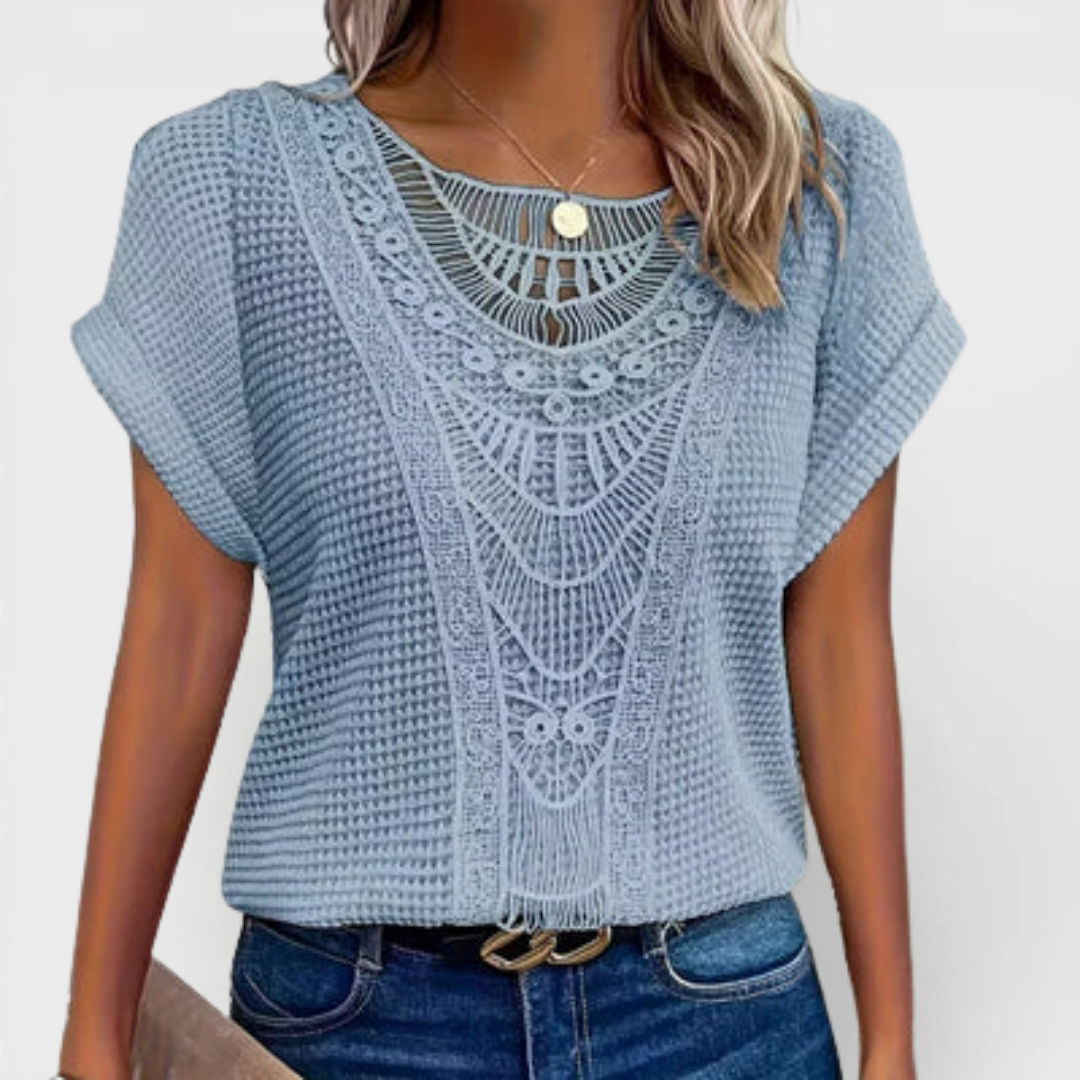 Crochet Lace Panel Short Sleeve Knit Top