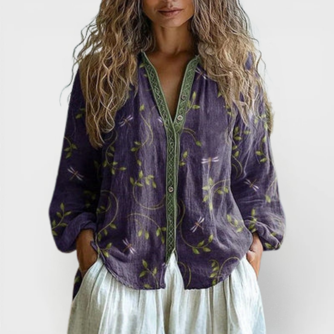 V-Neck Long Sleeve Floral Print Button Front Blouse