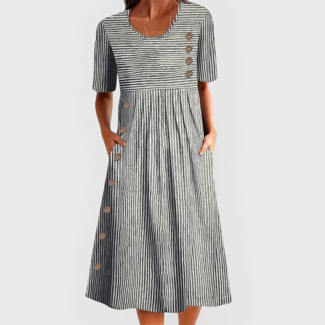 Striped Round Neck Short Sleeve Button Front Midi Dress