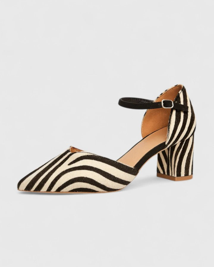 Animal Print Pointed Toe Ankle Strap Block Heel Pumps