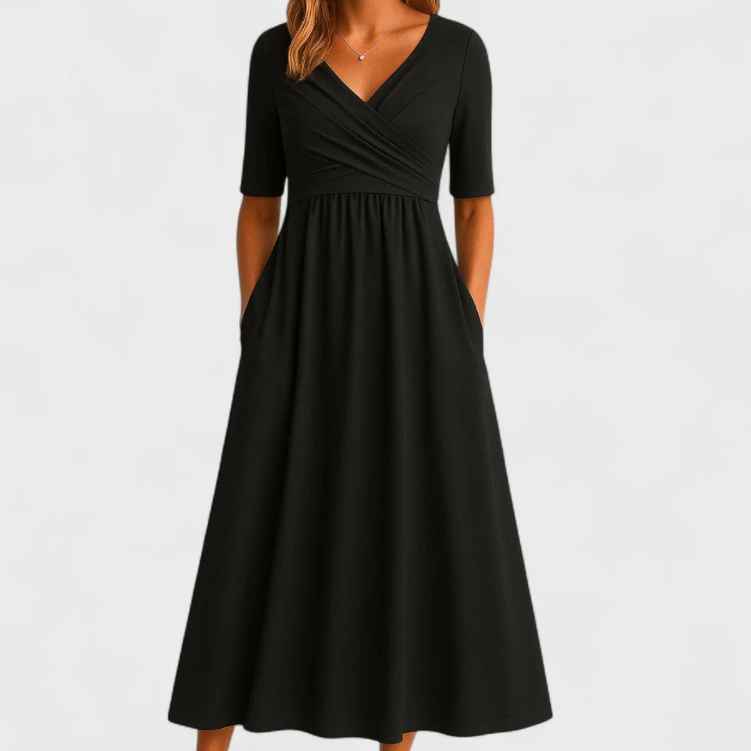 V-Neck Wrap Short Sleeve Pocket Fit and Flare Midi Dress