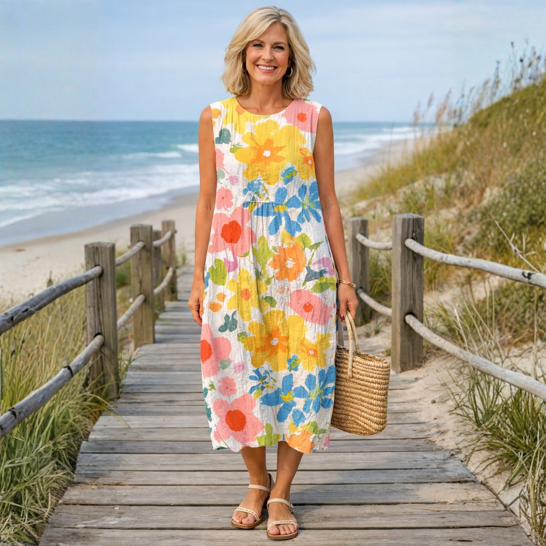 Watercolor Floral Crew Neck Sleeveless Pocket Midi Dress