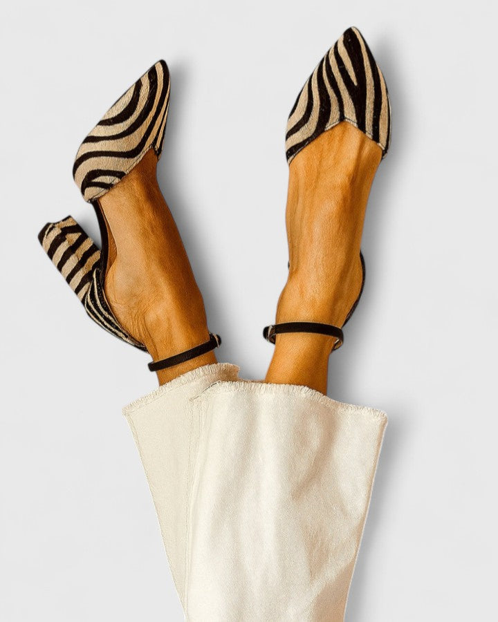 Zebra Print Pointed Toe Ankle Strap Block Heel Pumps