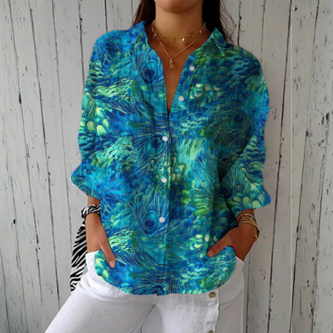 Peacock Feather Print Long Sleeve Button Front Shirt