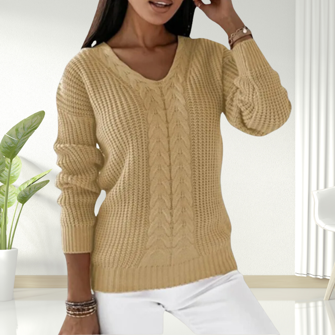 V-Neck Long Sleeve Cable Knit Sweater