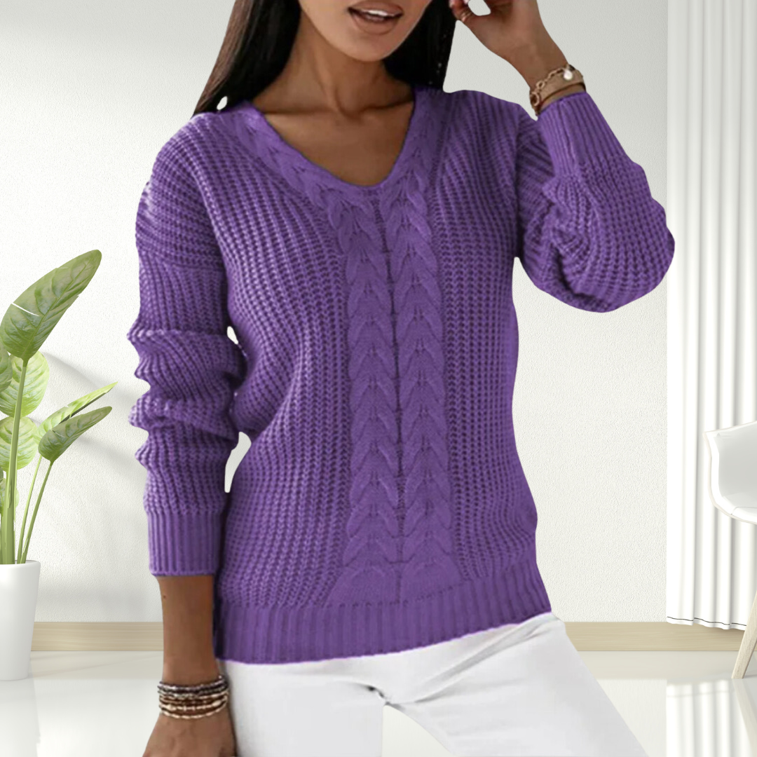 V-Neck Long Sleeve Cable Knit Sweater