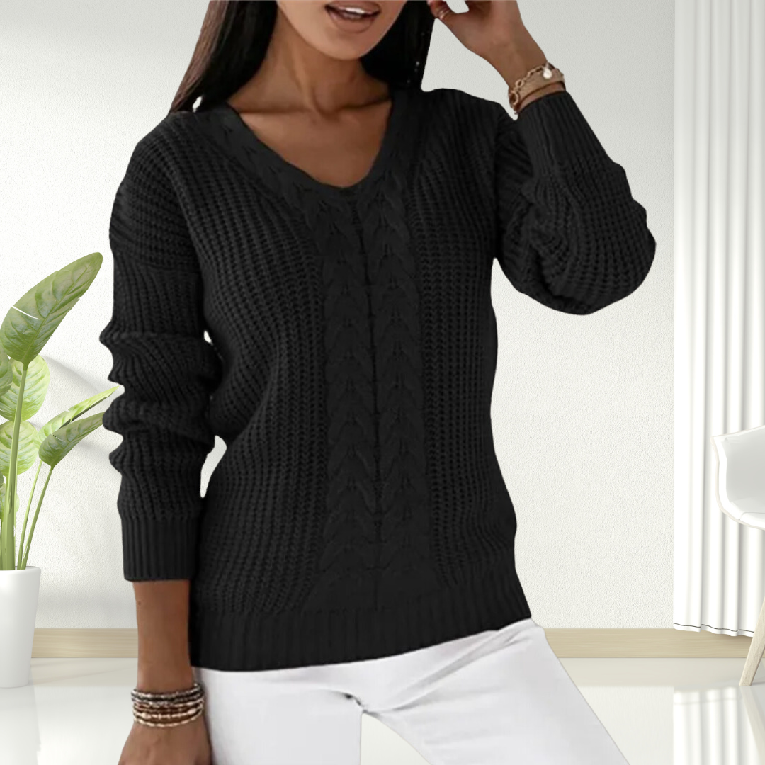 V-Neck Long Sleeve Cable Knit Sweater