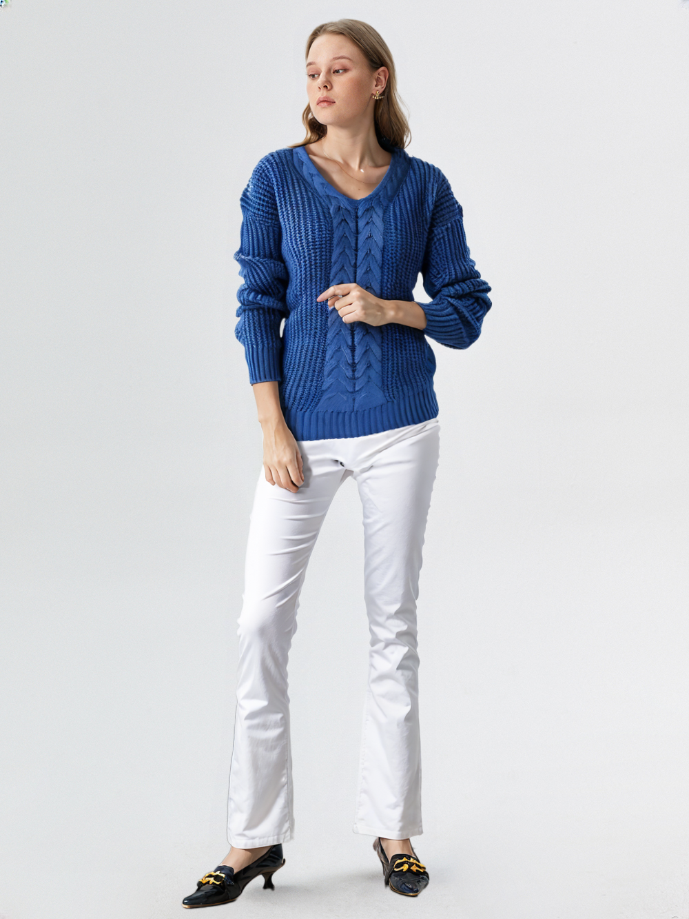 V-Neck Long Sleeve Cable Knit Sweater