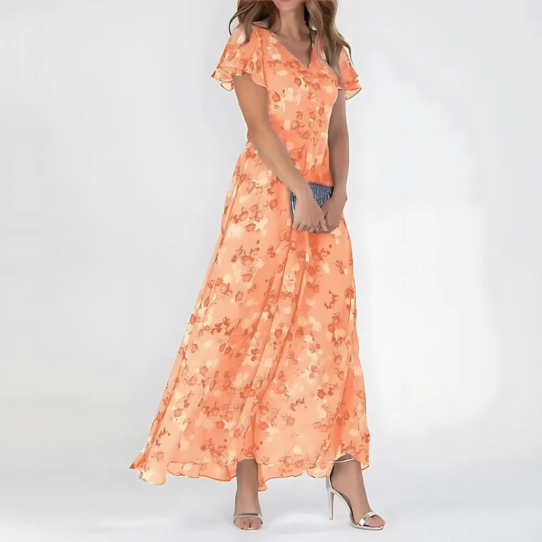 Floral V-Neck Flutter Sleeve Chiffon Maxi Dress
