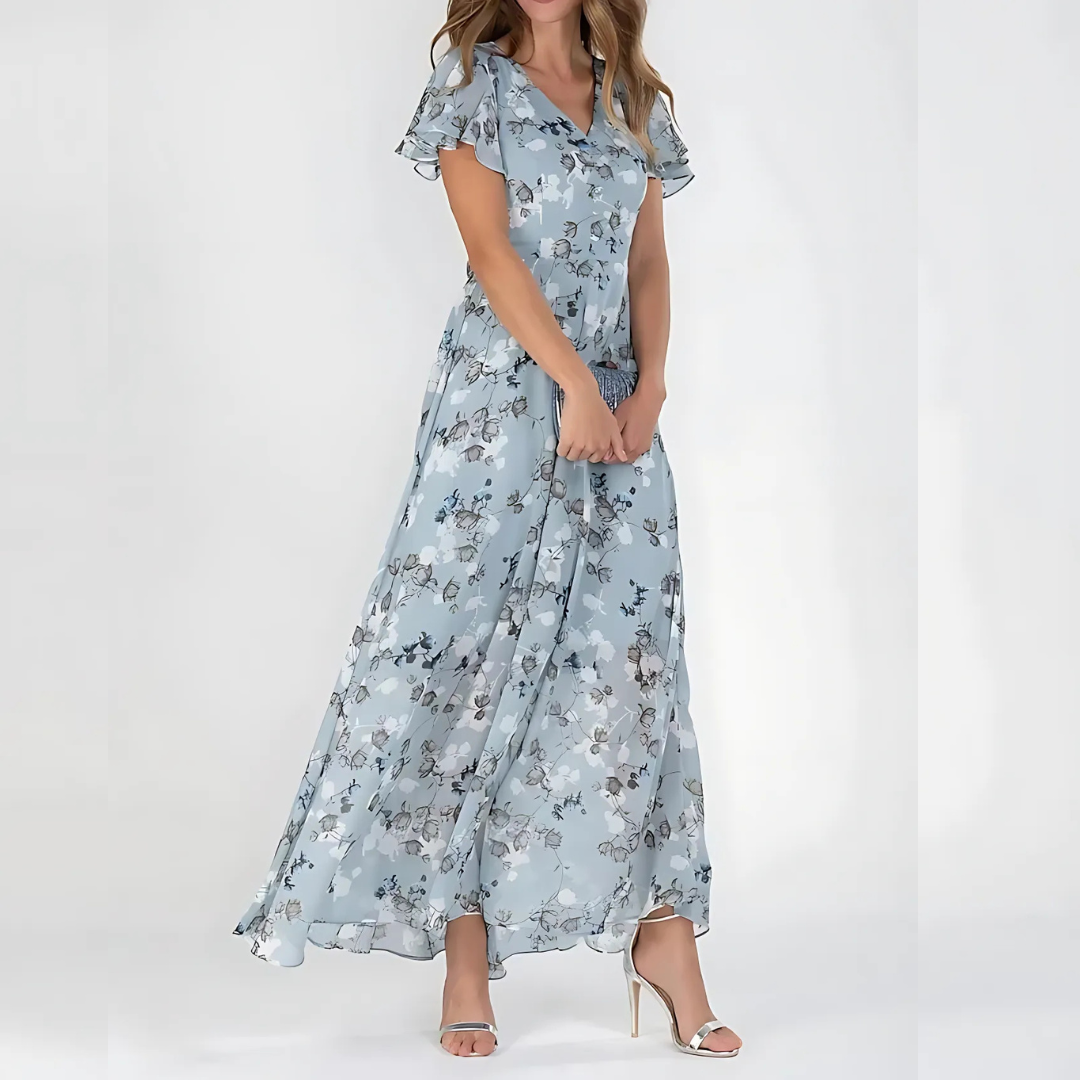 Floral V-Neck Flutter Sleeve Chiffon Maxi Dress 2