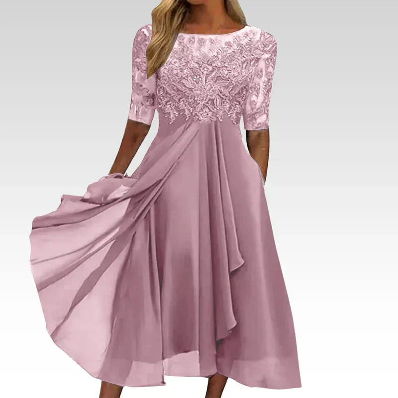 Sylvana - Tea-Length Lace Embroidered Dress Pink