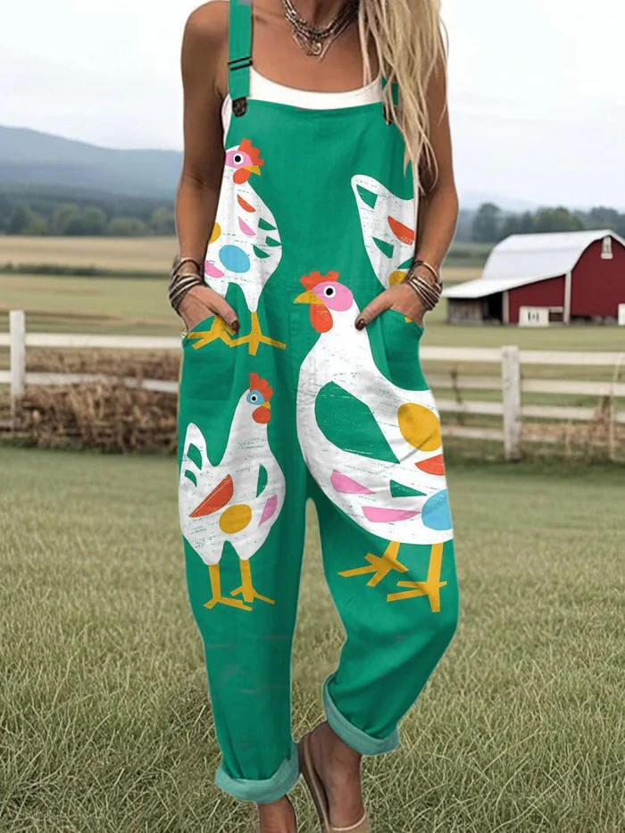 Rooster Print Sleeveless Pocket Dungaree Overalls Jumpsuit