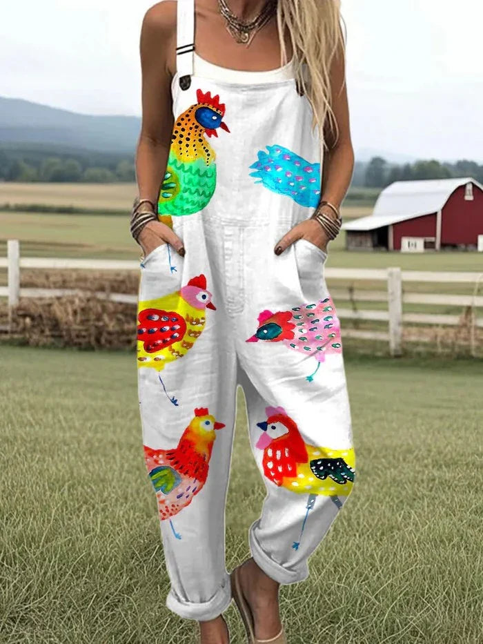 Rooster Print Sleeveless Pocket Dungaree Overalls Jumpsuit