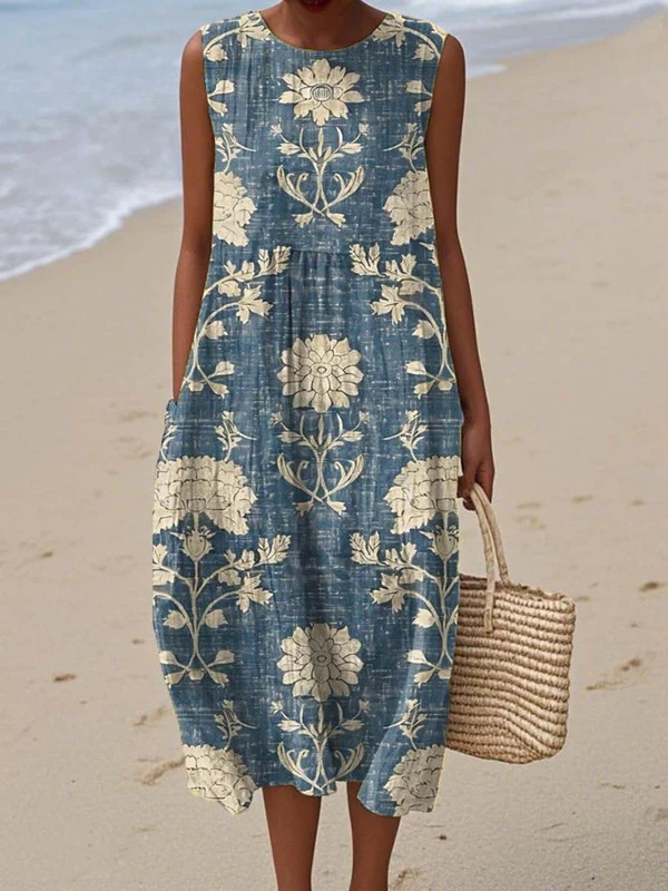 Damask Floral Round Neck Sleeveless Pocket Midi Dress