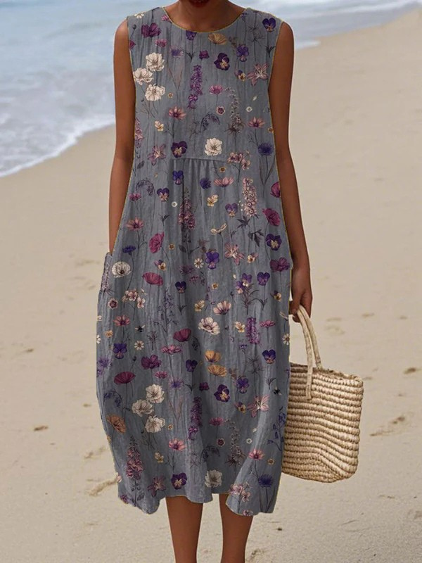 Wildflower Print Crew Neck Sleeveless Pocket Midi Dress