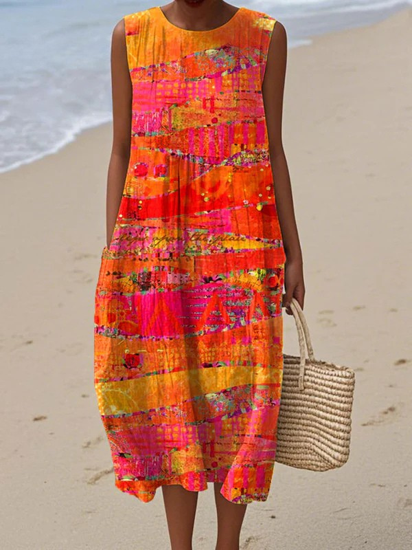 Abstract Print Sleeveless Round Neck Cocoon Midi Dress