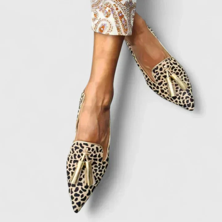 Leopard Print Pointed Toe Tassel Flats
