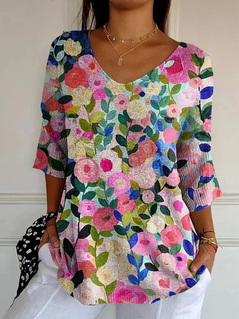 Floral Print V-Neck Three Quarter Sleeve Tunic Top