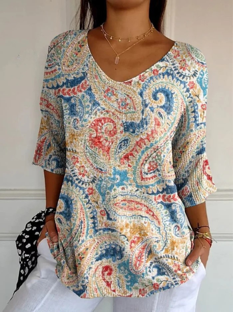 Paisley Print V-Neck Half Sleeve Tunic Top