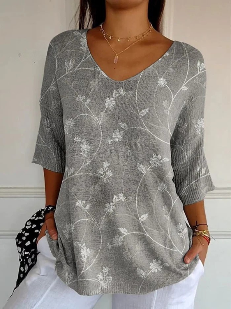 V-Neck Half Sleeve Floral Print Knit Tunic Top