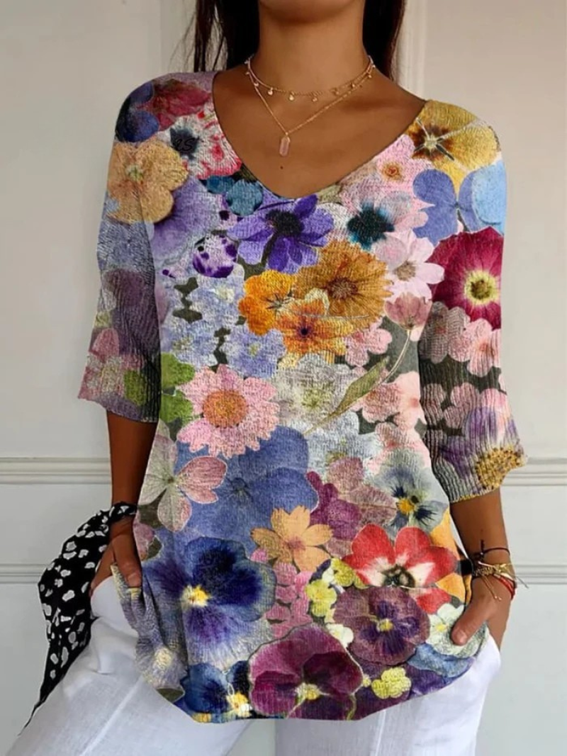 Floral Print V-Neck 3/4 Sleeve Tunic Top