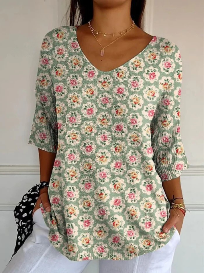Floral Print V-Neck Half Sleeve Tunic Top