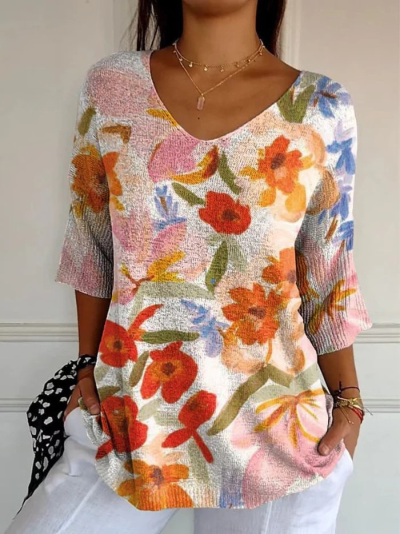 Floral Print V-Neck Half Sleeve Knit Top