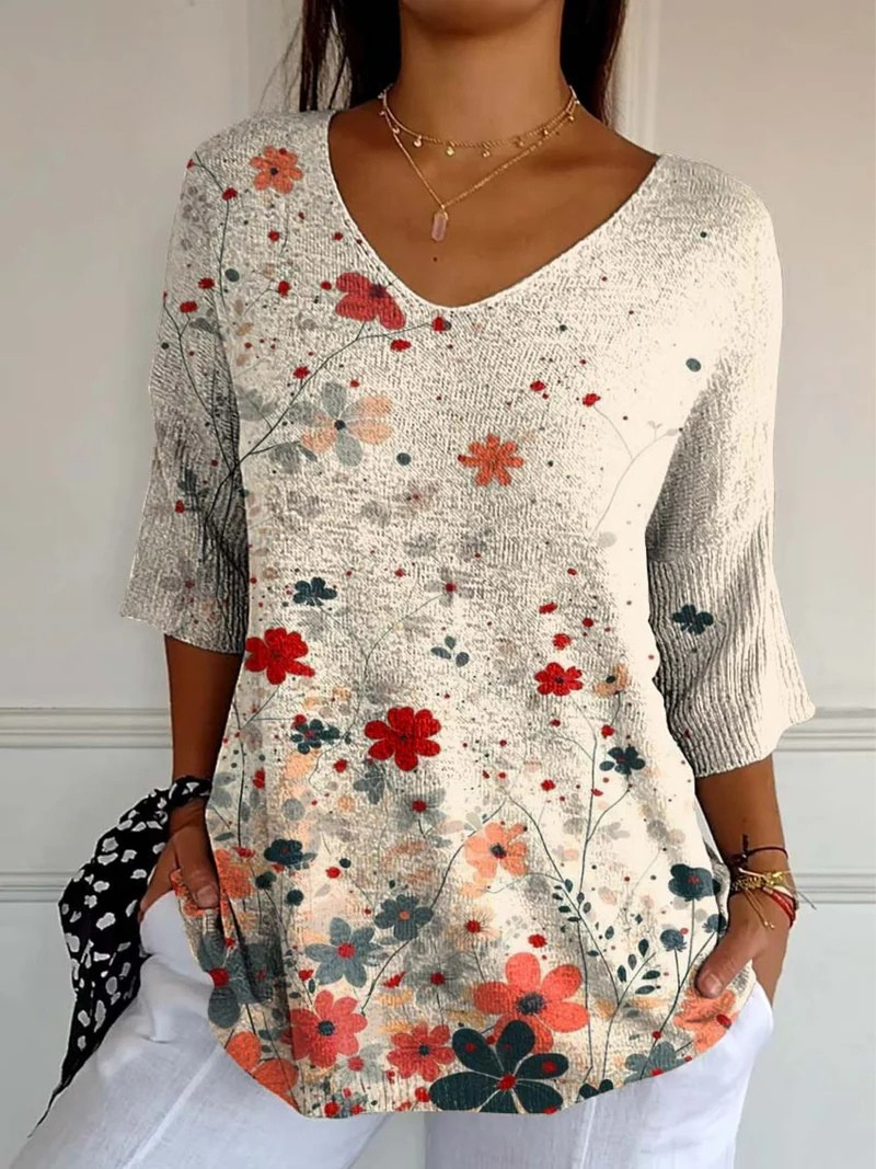 Floral Print V-Neck Half Sleeve Knit Tunic Top