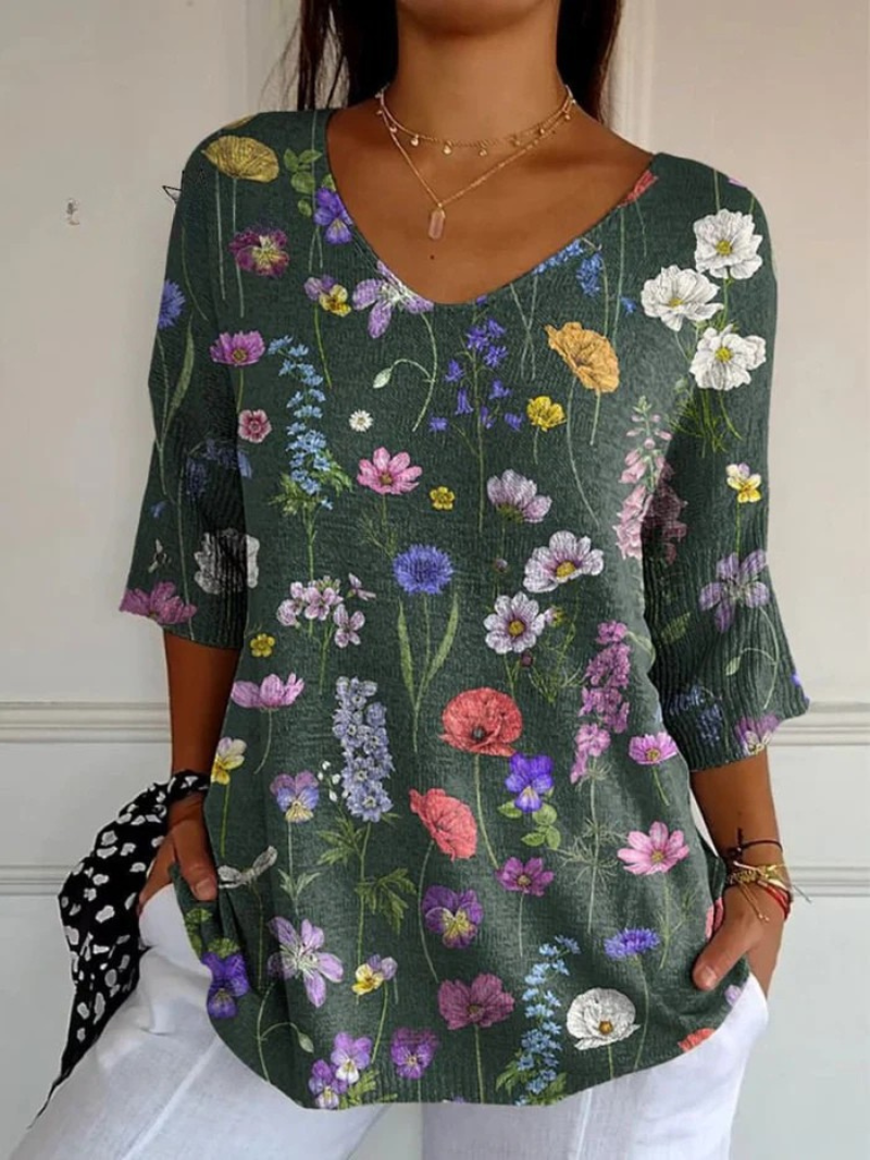 Floral Print V-Neck Half Sleeve Tunic Top