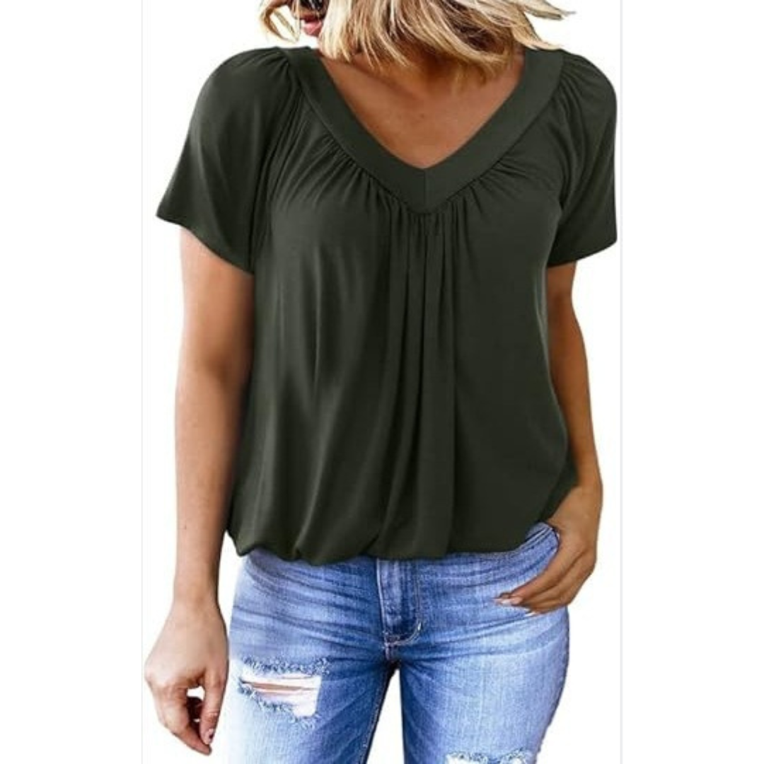 V-Neck Short Sleeve Ruched Bubble Hem Top