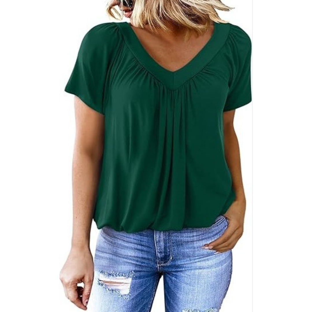 V-Neck Short Sleeve Ruched Bubble Hem Top
