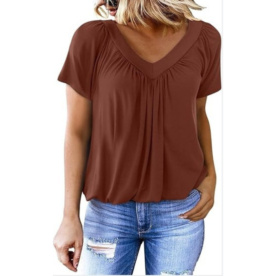 V-Neck Short Sleeve Ruched Bubble Hem Top