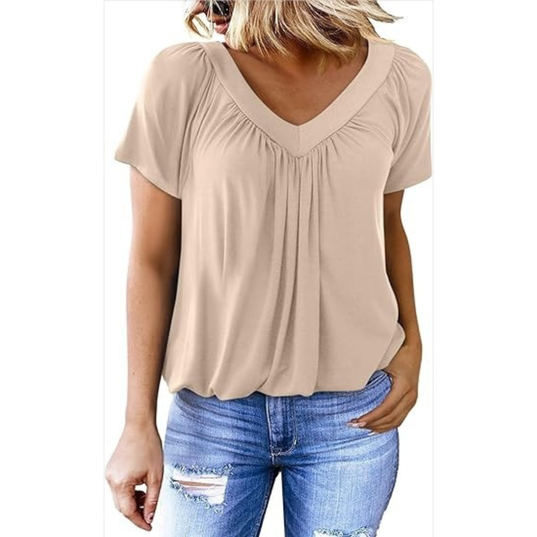 V-Neck Short Sleeve Ruched Bubble Hem Top