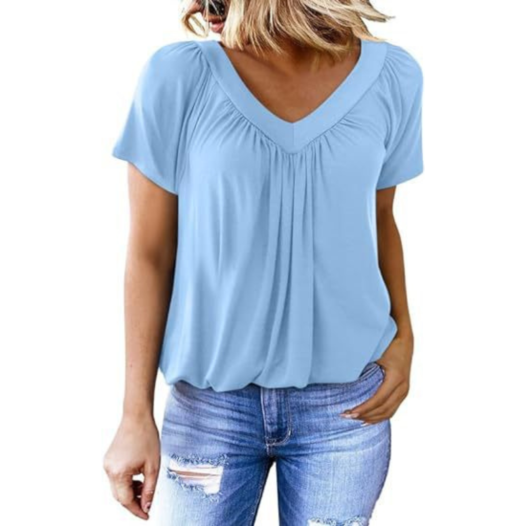 V-Neck Short Sleeve Ruched Bubble Hem Top