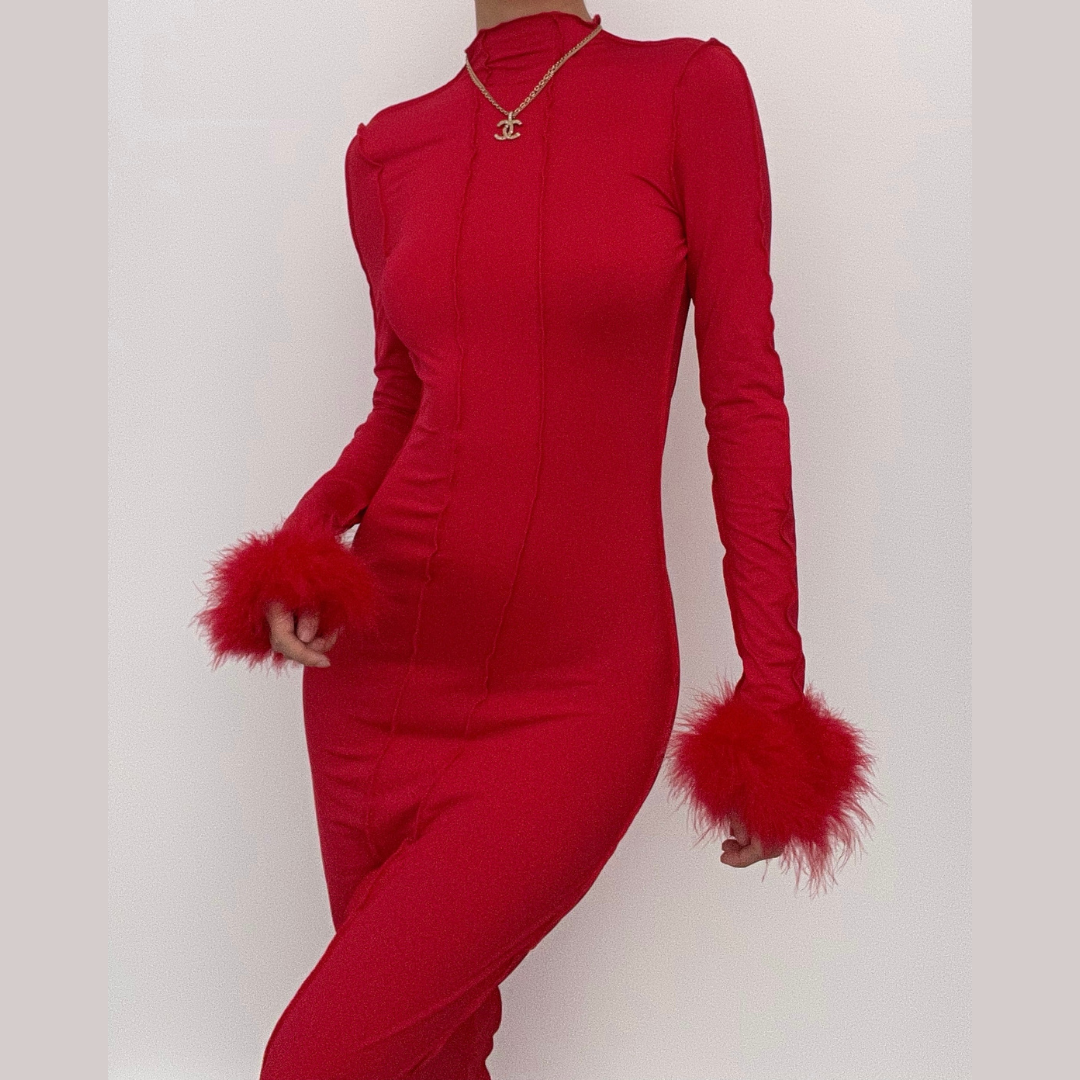 Mock Neck Long Sleeve Faux Feather Cuff Seamed Bodycon Midi Dress