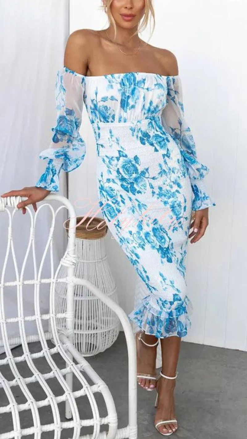 Dahlia - Stunning Off Shoulder Midi Dress Blue