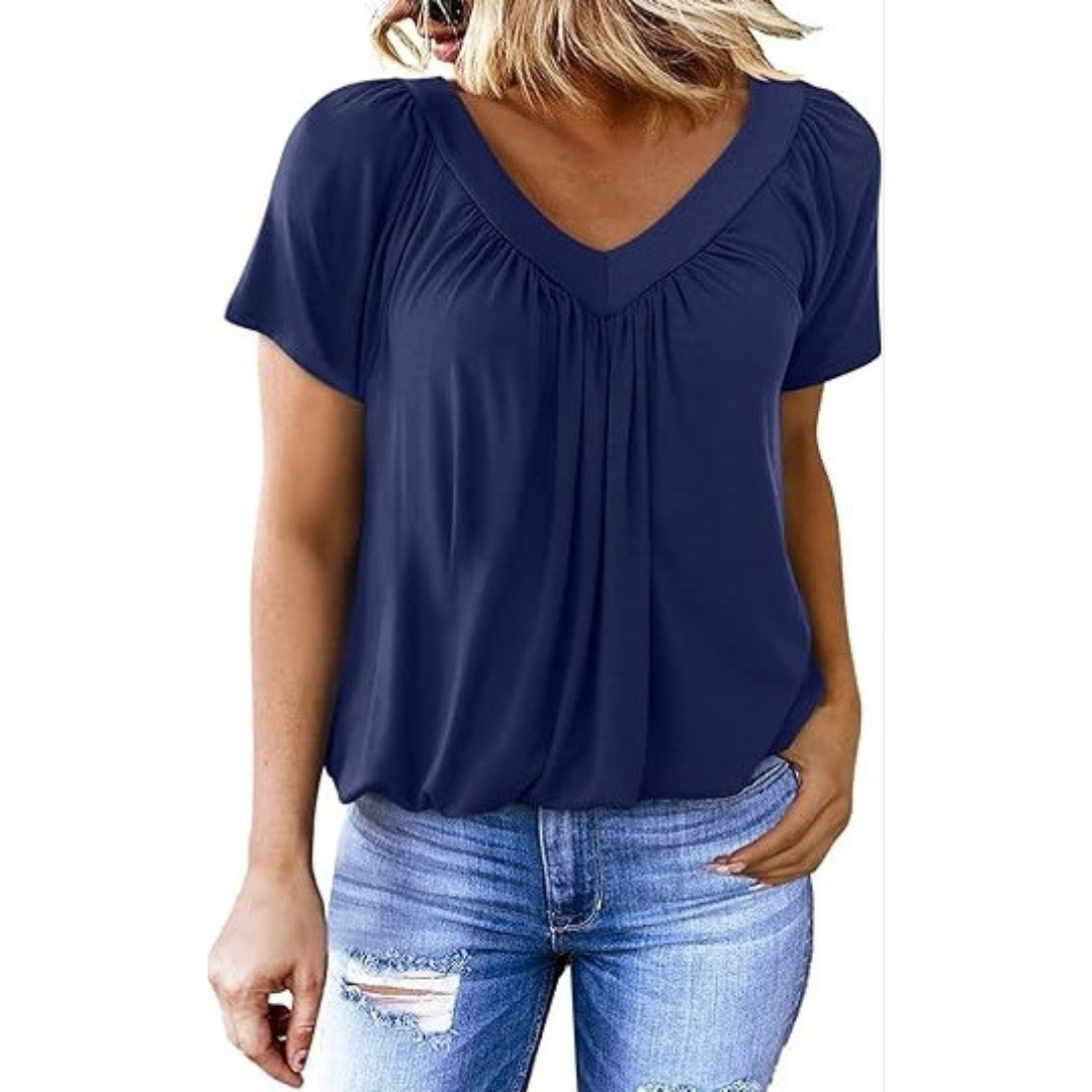 V-Neck Short Sleeve Ruched Bubble Hem Top