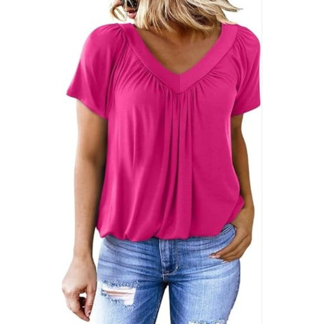 V-Neck Short Sleeve Ruched Bubble Hem Top