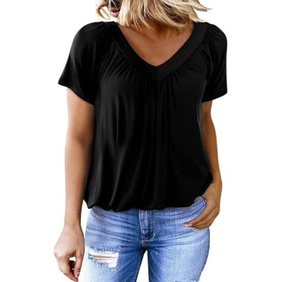 V-Neck Short Sleeve Ruched Bubble Hem Top