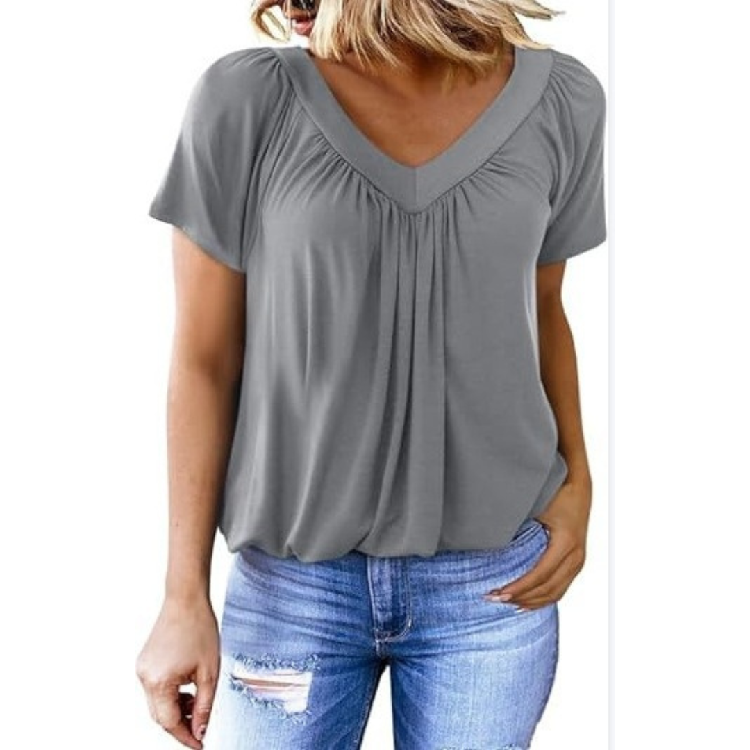 V-Neck Short Sleeve Ruched Bubble Hem Top