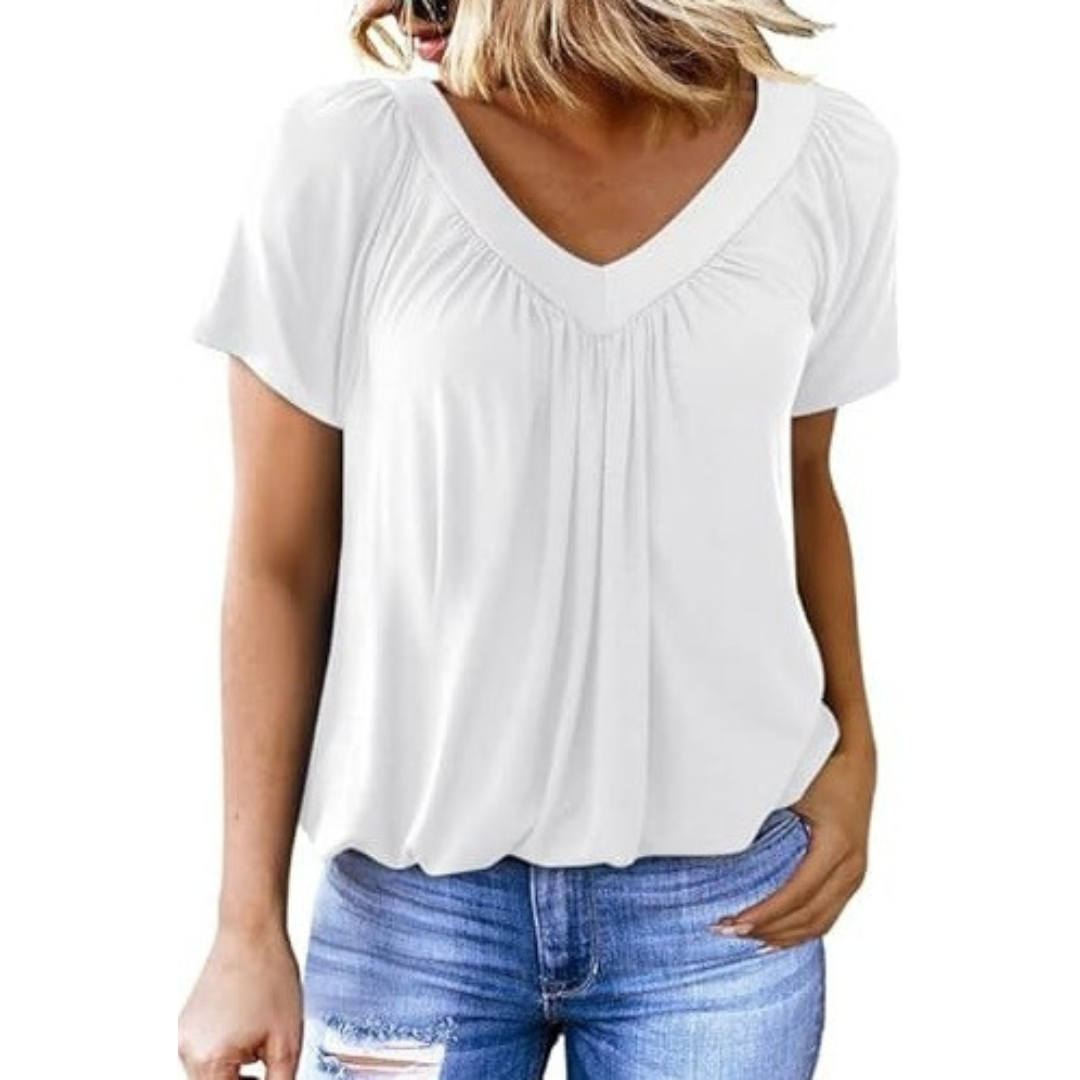 V-Neck Short Sleeve Ruched Bubble Hem Top
