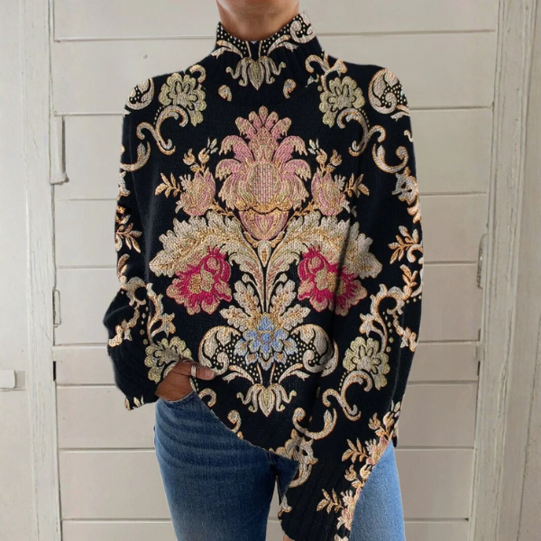 Baroque Floral Mock Neck Long Sleeve Knit Sweater